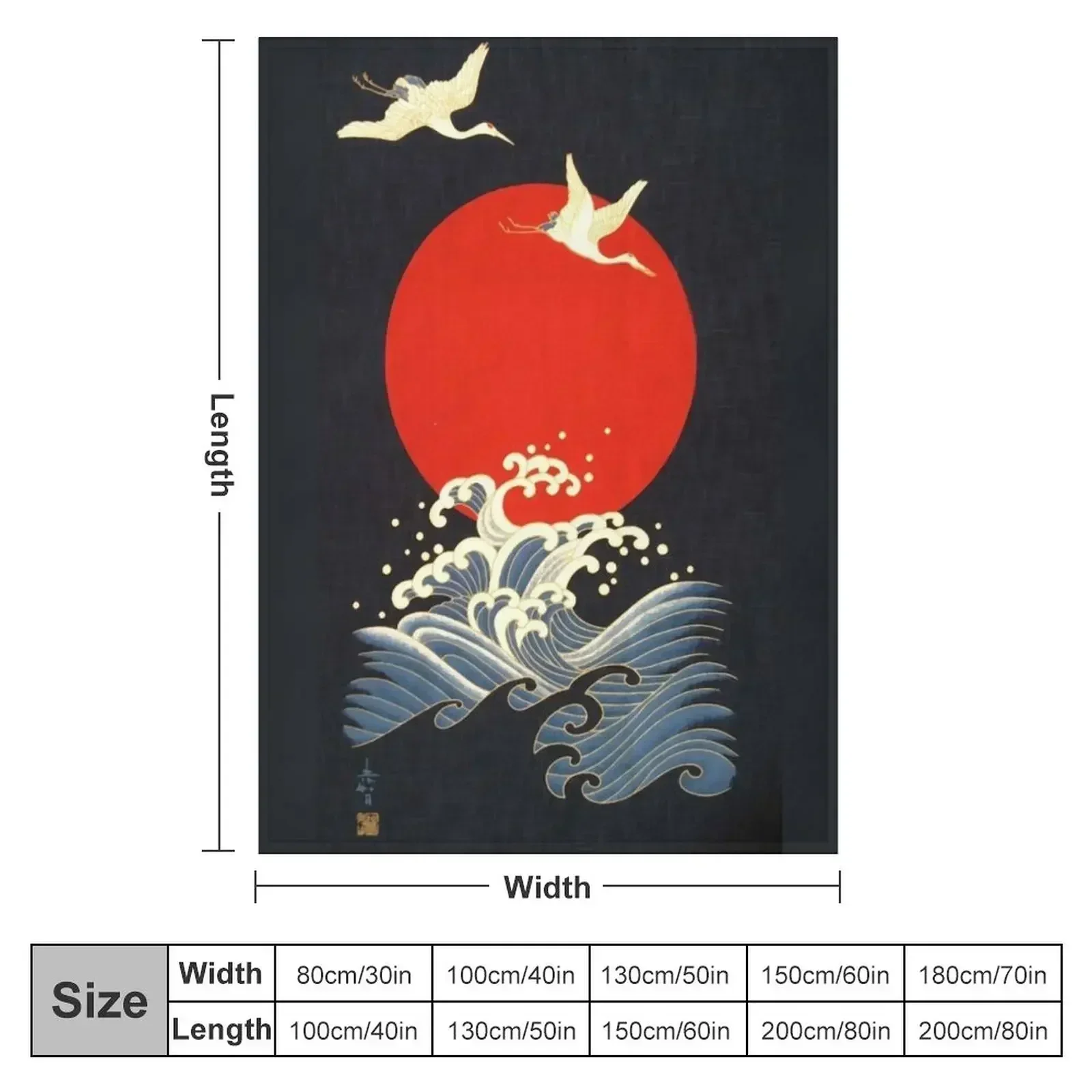 RED SUN ,FLYING CRANES AND SEA WAVES IN BLACK Throw Blanket Polar Flannels Cute Furrys Flannel Fabric funny gift Blankets