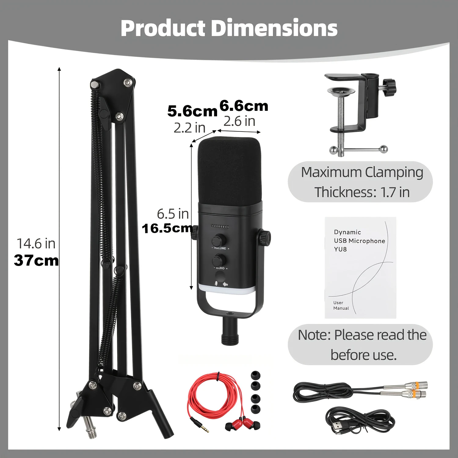 XLR/USB Podcast Microphone, Gaming Mic with Mute Button, Reverb Effects, Noise Cancellation, Boom Arm Stand, Headphones Jack