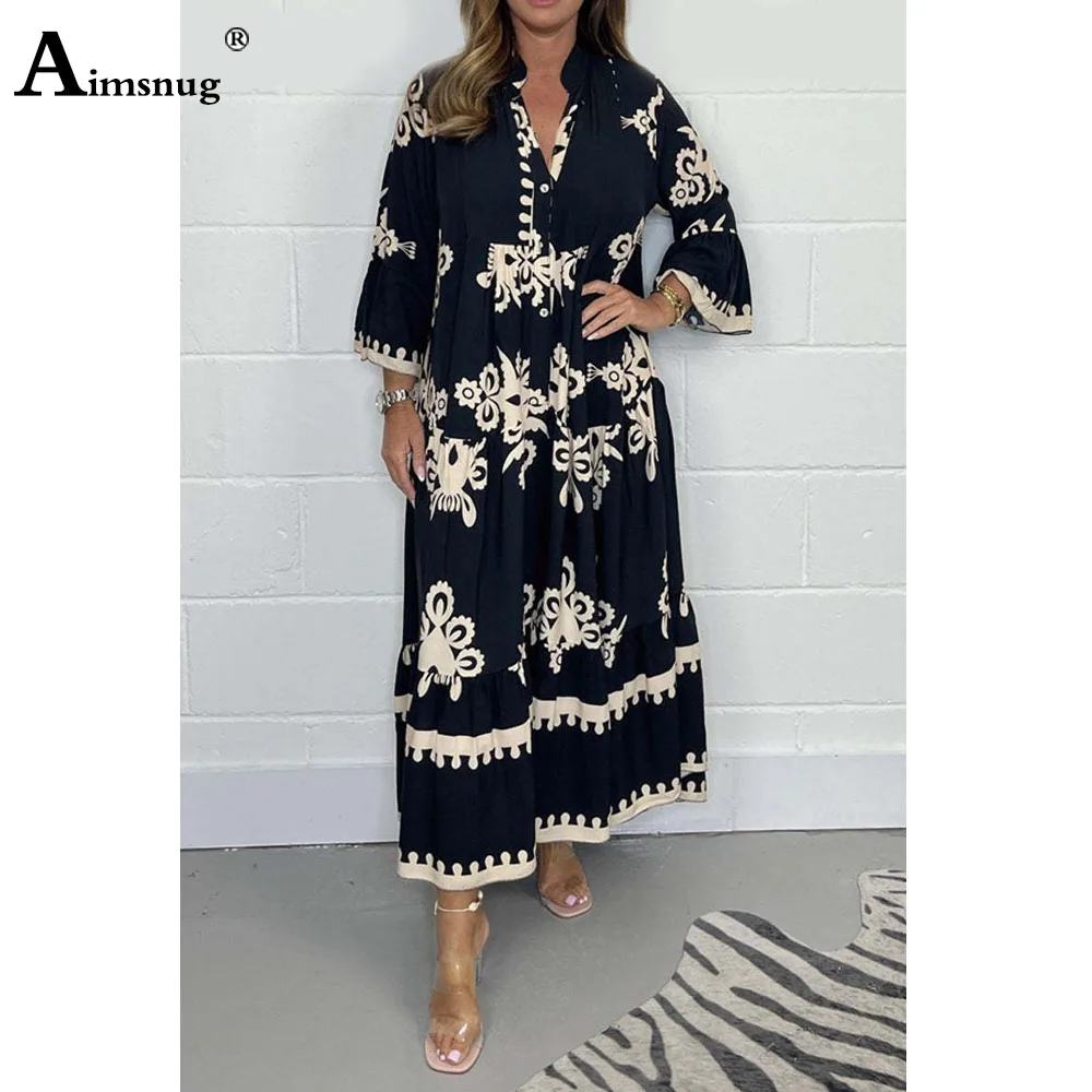 2025 Women Three Quarter Sleeve Vintage Flower Print Dress Long Befree Dress Large Big Female A-line Elegant Maxi Dresses New