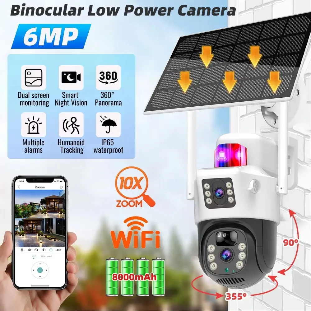 IR Night Vision Surveillance Camera Wireless Dual Lens Security Camera 6MP Human Tracking Solar Charging Bulit-in Battery Cam