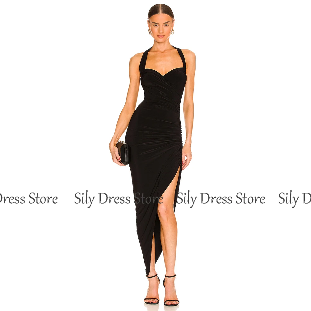 Sexy Dresses for Special Events Jersey Sheath/Column Clubbing Dress Black Halter Pleat Side Split Evening Gown Maxi 2024 image 2