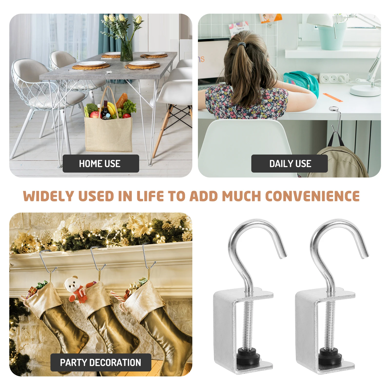 

4pcs Bag Hooks Schoolbag Hooks Iron Mount Reusable 50kg Capacity Desk Edge Storage Schoolbag Purse Hanging Accessories