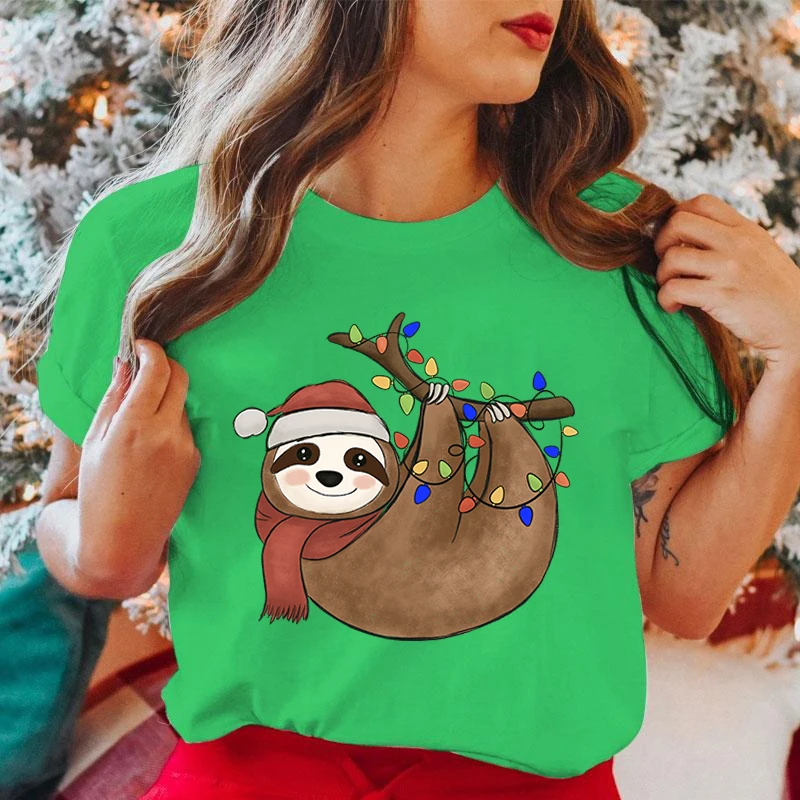 New Fashion Christmas Sloth Print Graphic T Shirt Unisex Fashion Casual Short Sleeve Shirt Tee Christmas T Shirts Tops