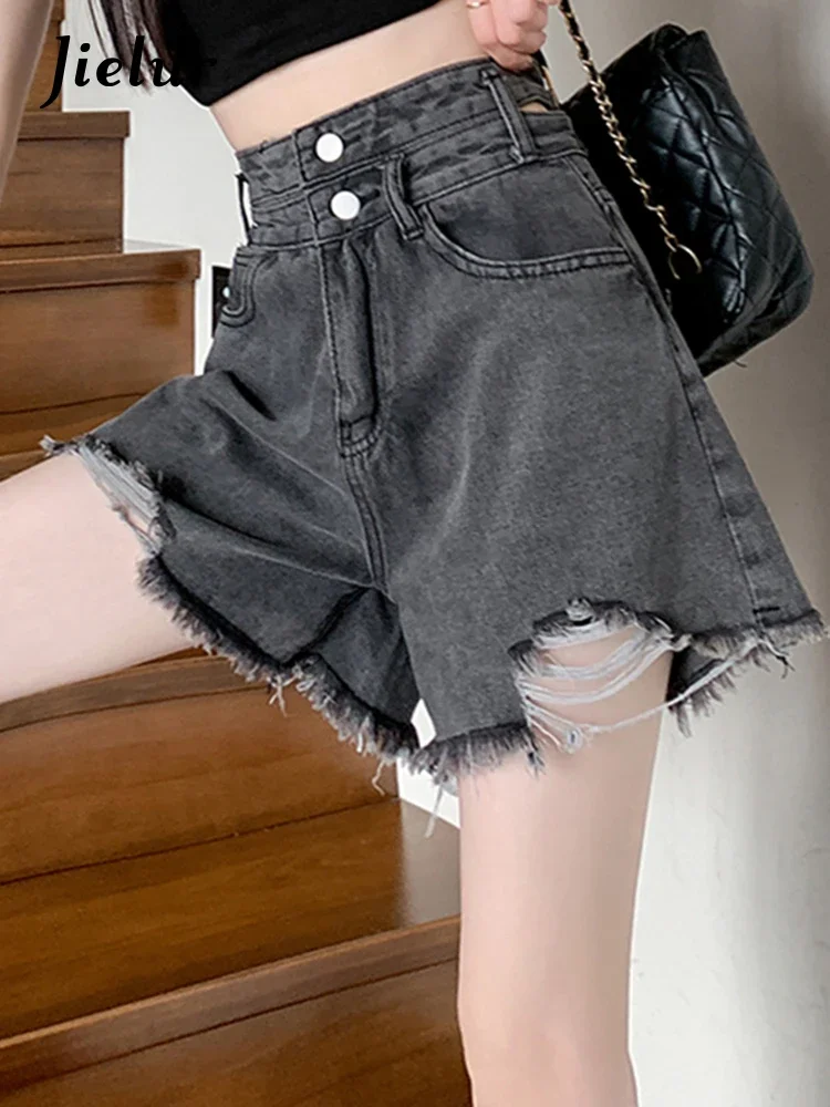 Jielur Summer New Korean Denim Shorts Woman Holes Slim Casual Chicly Women's Shorts Grey Ins High Waist Street Shorts Female