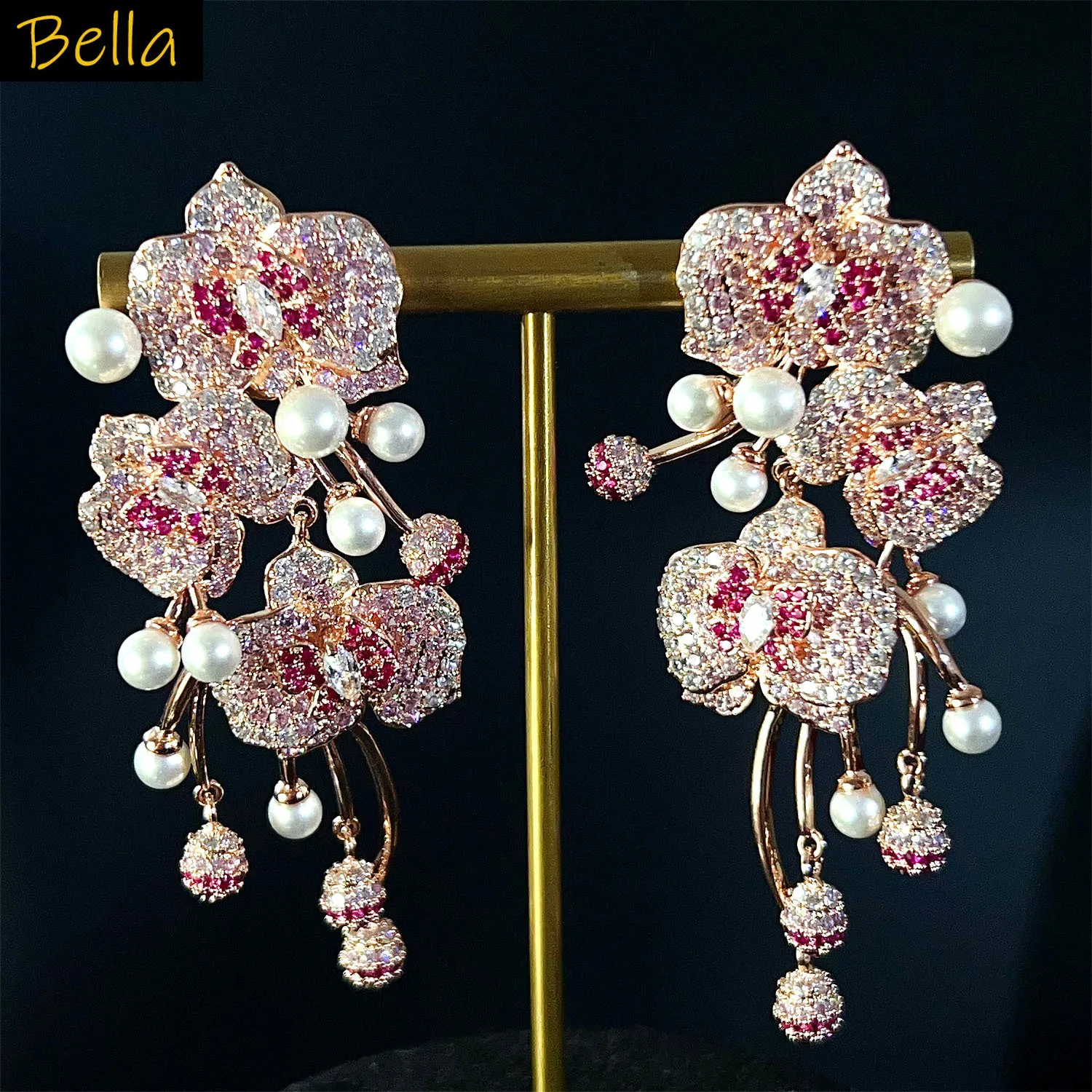 

Gorgeous earrings flower pink blue zirconia luxury jewelry women wedding dinner party long flower plant earrings