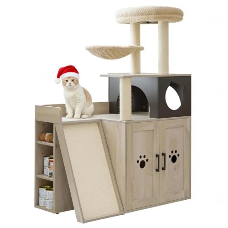 

Litter Box Enclosure with Cat Tree 46 Hidden Litter Box with Sisal Scratching Ladder and Storage Modular Wooden Litter Box Furn