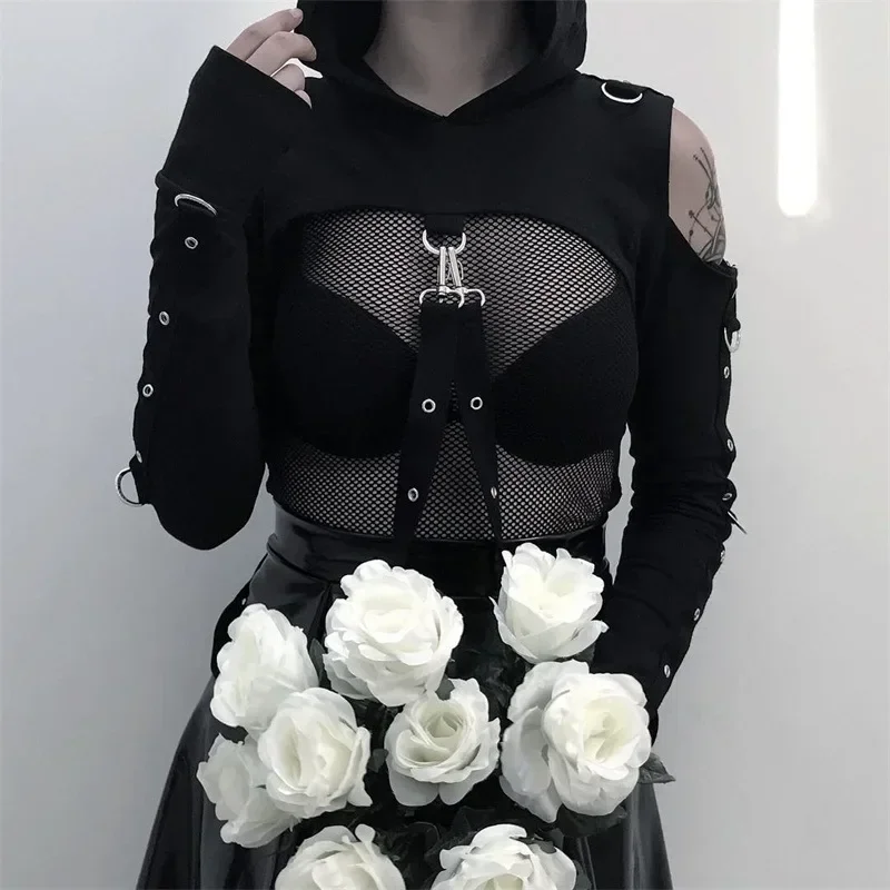 Black Gothic Crop Top ผู้หญิง Hoodies Punk เสื้อกันหนาวปิดไหล่ Lace Up Hooded Pullover หูแมวสั้นสไตล์หญิงเสื้อแจ็คเก็ต