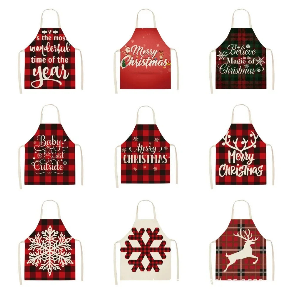 Christmas apron black and red checkered classic Christmas tree reindeer bell holiday linen decorative apron