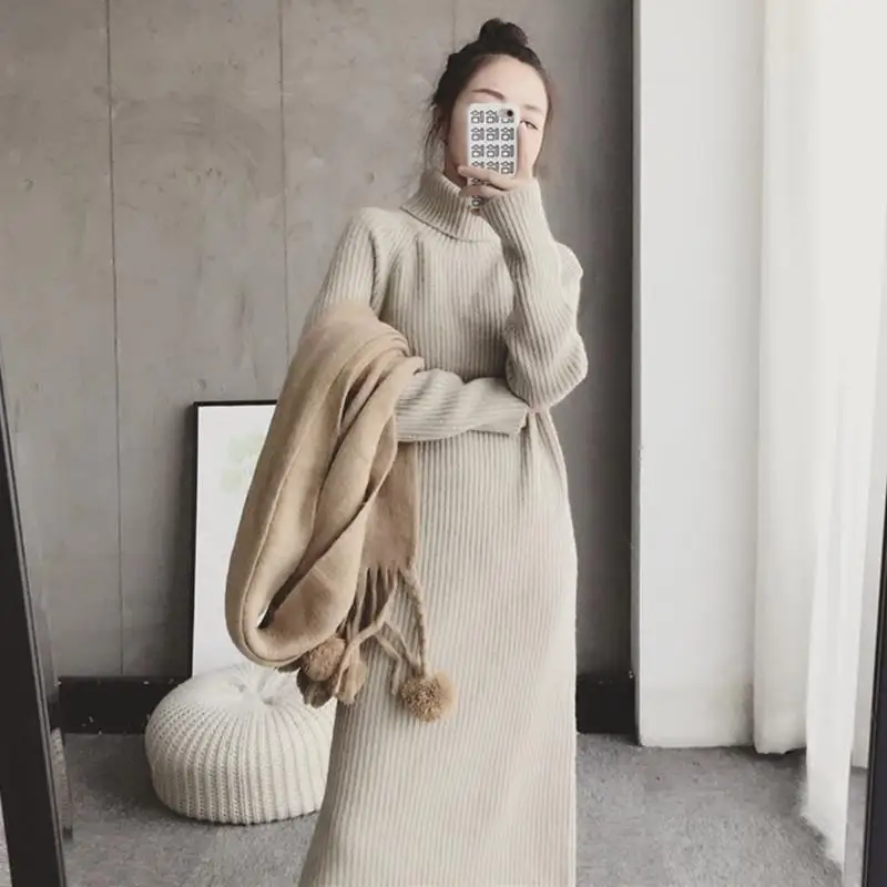 Turtleneck Loose Knitted Sweater Dress Korean Knitwear Long Dresses Thick Elegant Casual Vestidos Women Fall Winter New Robe