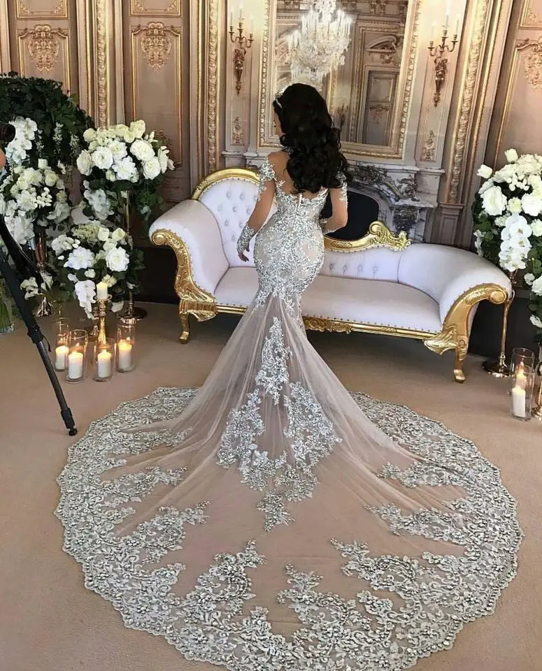 Sparkly  Beaded Lace Applique  Mermaid Wedding Dresses  Chapel Train  High Neck Illusion Long Sleeves Champagne Bridal Gowns