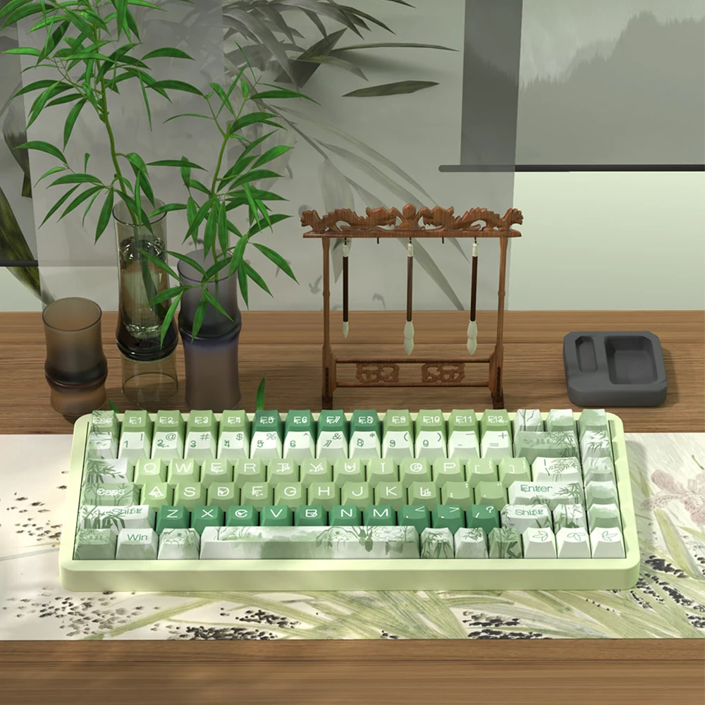 Bamboo Ink PBT Thermal Sublimation Keycaps Original Factory Height Mechanical Keyboard Chinese Style Ancient Bamboo Painting Cap