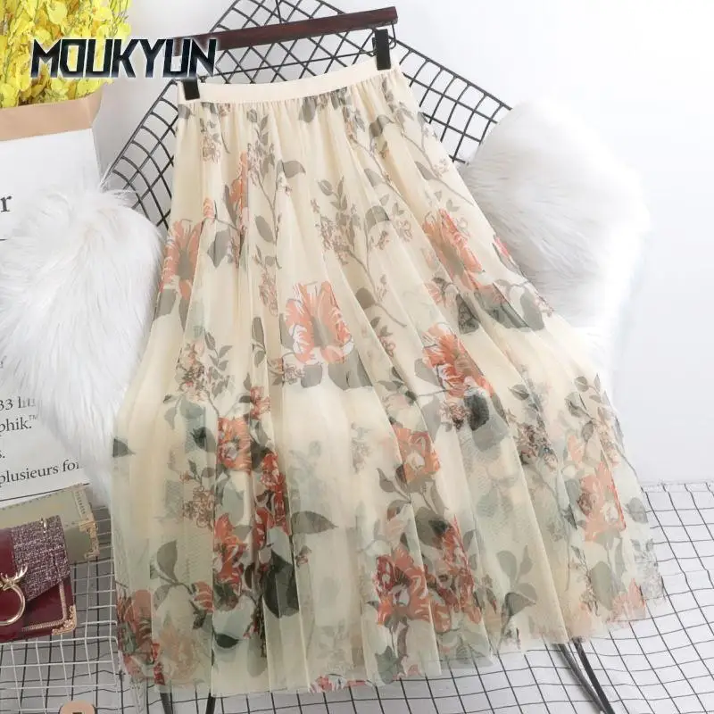 

Spring Long Skirt Women Elastic High Waist Korean Vintage A-line Floral Skirts Versatile Casual Loose Umbrella Skirts