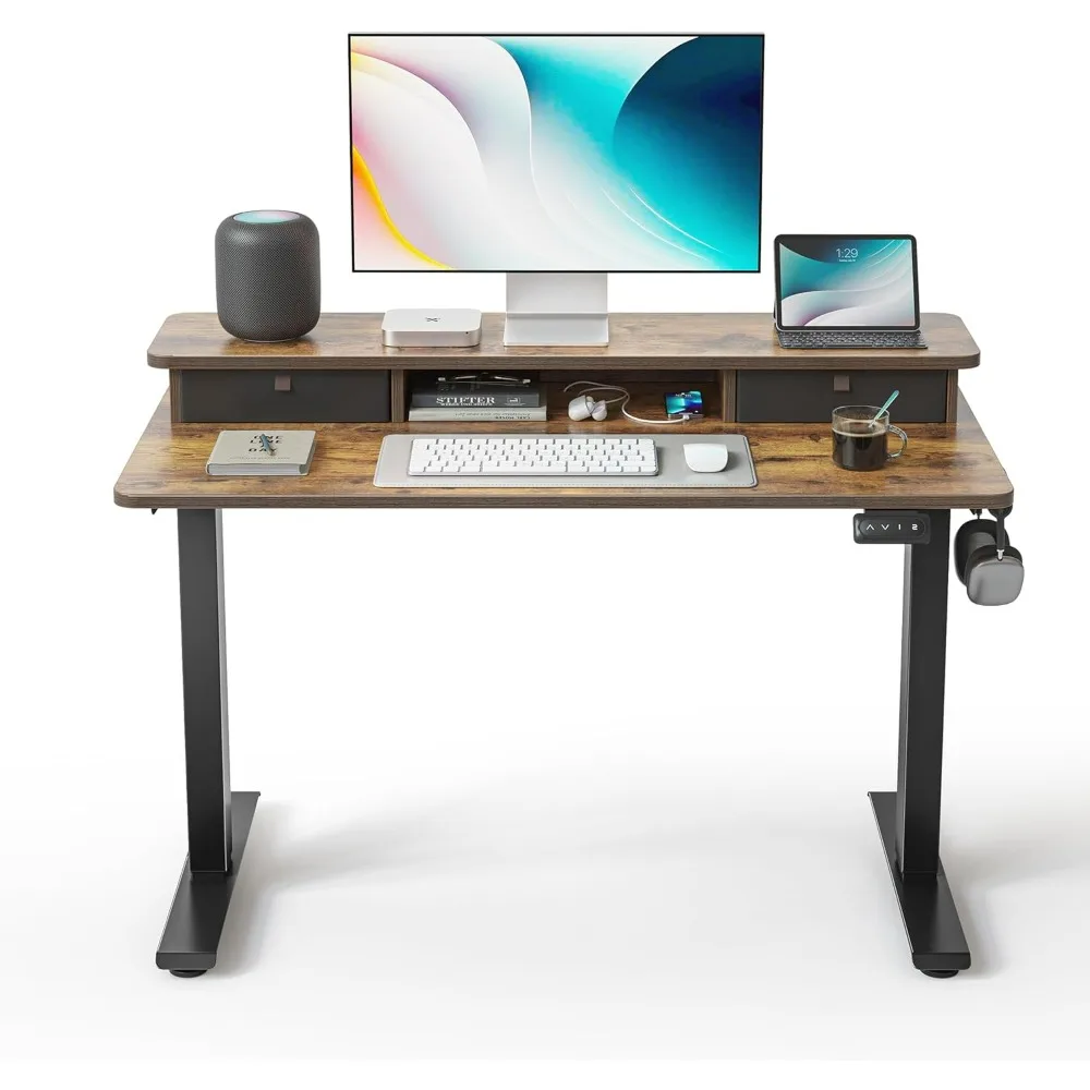 

Height Adjustable Electric Standing Desk with Double Drawer, Height Adjustable Computer Desk, Home Office Stand Up Table