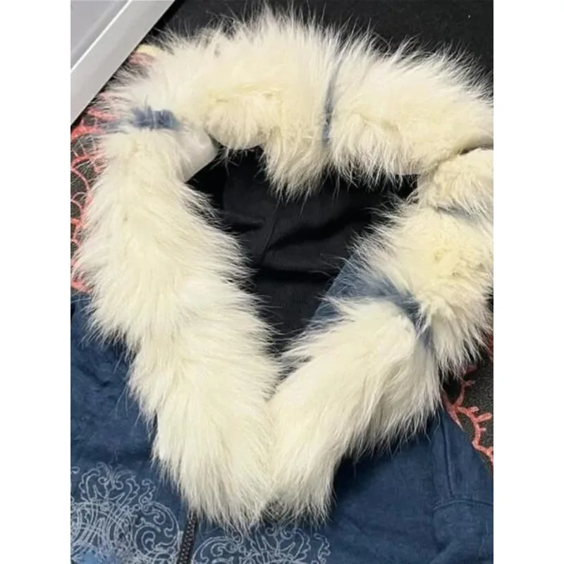 

Американская ретро-толстовка женская свободного кроя с длинными рукавами, меховым воротником и молнией, винтажная повседневная шикарная толстовка с принтом черепов