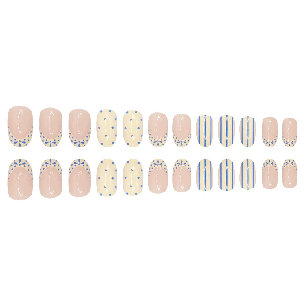 24 stuks Franse blauwe stip gestreepte vla basis glanzende afwerking druk op nagel kunstmatige nep nagel naadloze verwijderbare valse nagel