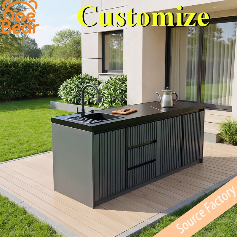 Outdoor courtyard workstation featuring rock slab and aluminum honeycomb construction; custom balcony sink and storage island.