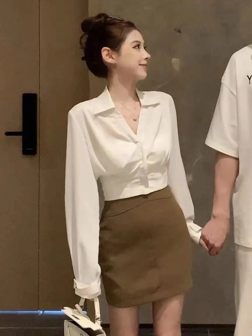 

Ele White irt Women's Slim Fit ort Svel Spring Autumn Faionable Korean Sle Commute Wind Button up Ne