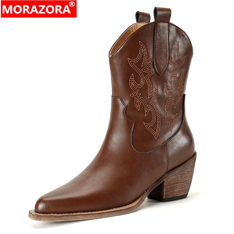 

MORAZORA Plus Size 34-43 New Genuine Leather Ankle Boots Women Pointed Toe Pointed Toe Slip On Western Boots Cowboy Boot