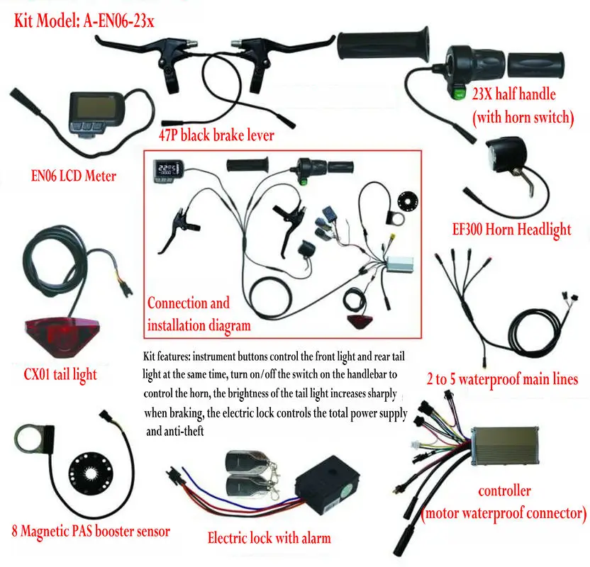 Electric BIKE DIY Kit Controller+Instrument EN06+Headlight+Tail Light+Waterproof Line+PAS+THROTTLE+ALARMER MTB Moped AccessoRY