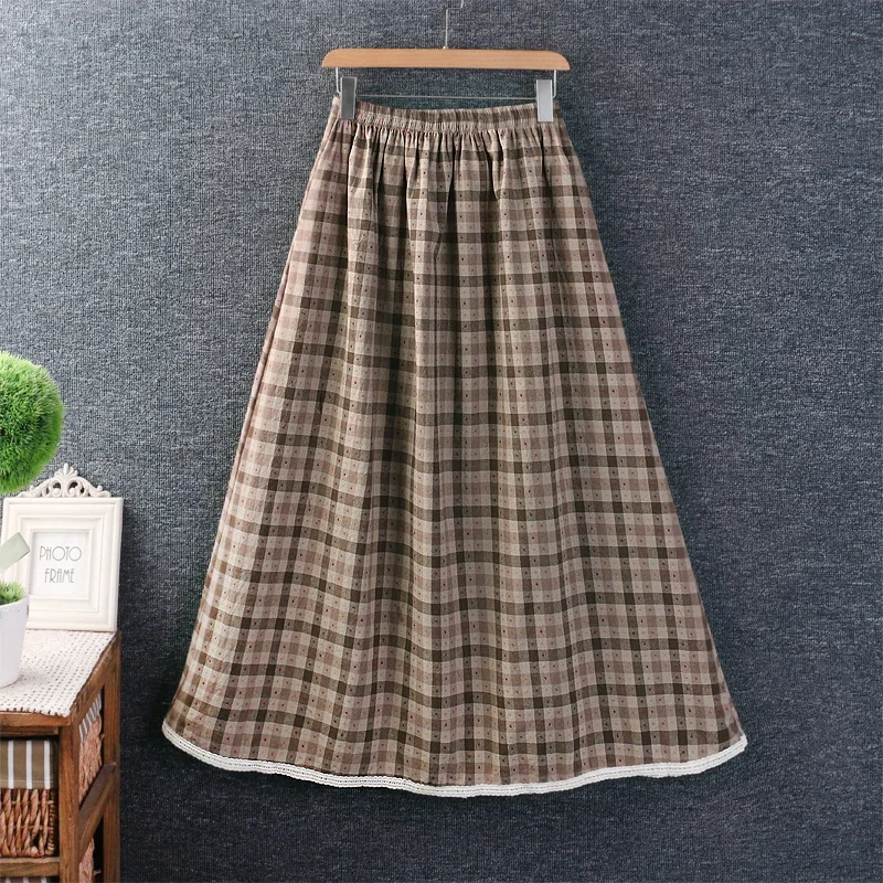 

Mori Girl Cotton and Linen Skirt for Women, Elastic Waist, Plaid Vintage Skirt, Casual Loose A-line Skirts, Spring, Japan Style