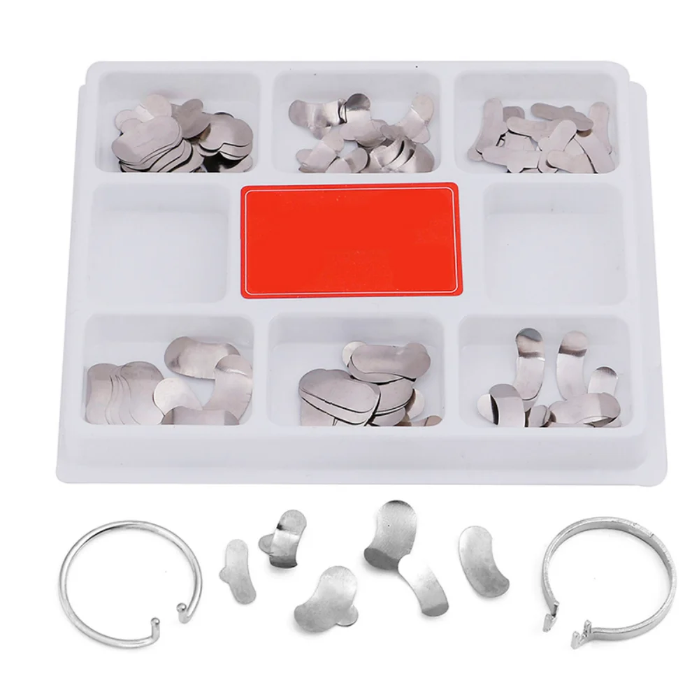 

100Pcs/Box Dental Matrix Sectional Contoured Metal Matrices 40Pcs Silicone Add-On Wedges Seperating Ring Dentist Tools