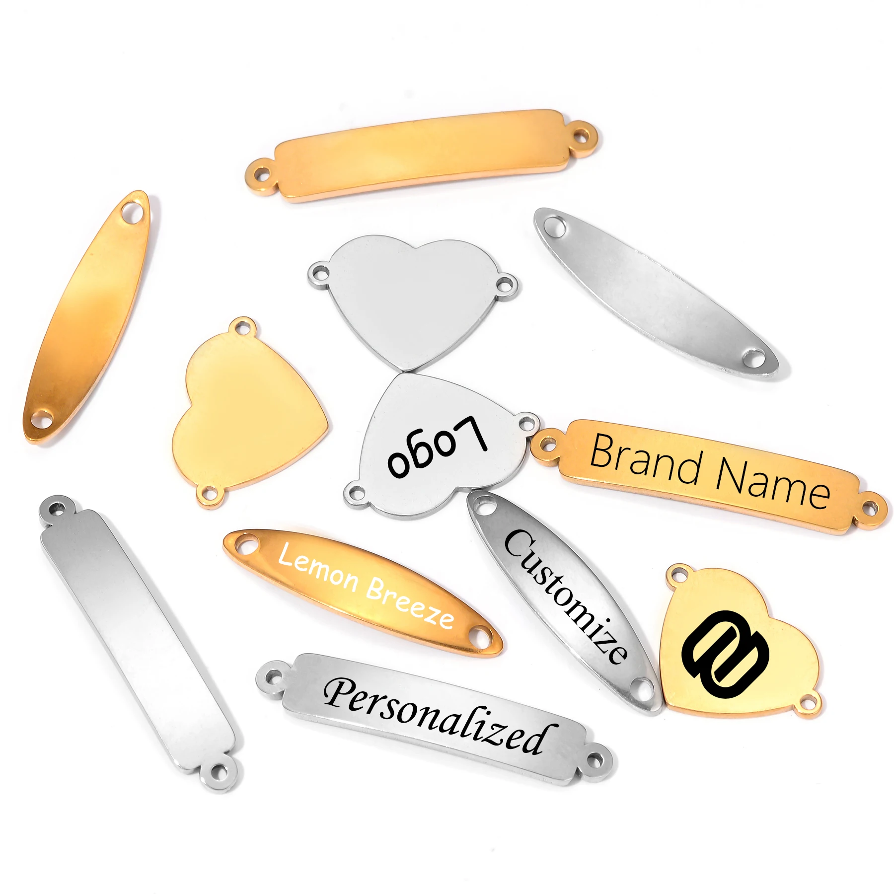 

10pcs Laser Engraved Logo Tags Stainless Steel 2 Hole Tag Connector For DIY Necklace Bracelet Pendant Charms