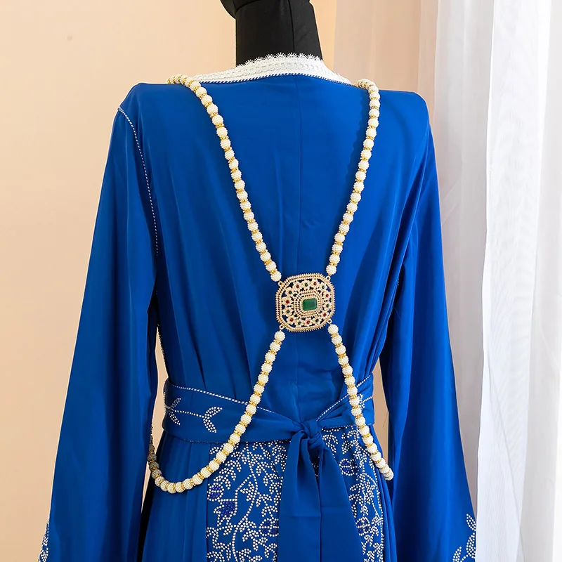 حزام خلفي أنيق مرصع باللؤلؤ والأحجار الكريمة، إكسسوار زفاف رائع لفساتين الزفاف العربية/العرقية والمناسبات التقليدية