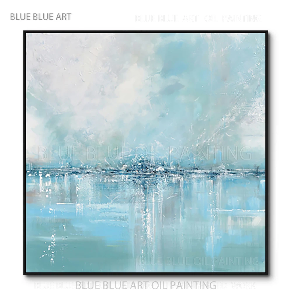 Pure Hand-painted Abstract Aqua Blue Oil Painting on Canvas Lovely Modern Wall Art Light Blue Acrylic Painting for Wall Decor