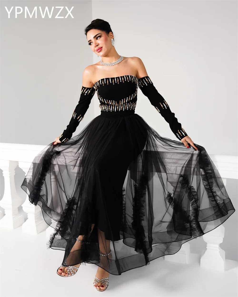 Customized Evening Dress Formal Party Occasion Women YPMWZX Strapless A-line Floor Length Skirts Draped Tulle Bespoke  D