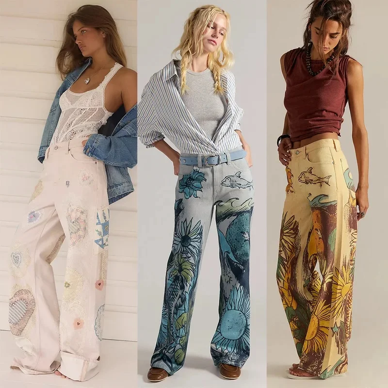 2026 Fashion Loose Printed Straight Jeans Women's Y2k Street Elegant Vintage Button Zipper Pockets Wide Leg Denim Pants Bottoms