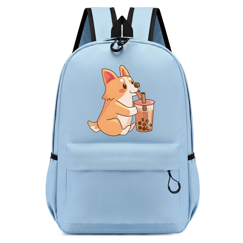 Children Schoolbag Corgi Dog with Bubble Tea Boba Cartoon Backpack School Backpack Back To School Book Bags Kid Anime Schoolbag