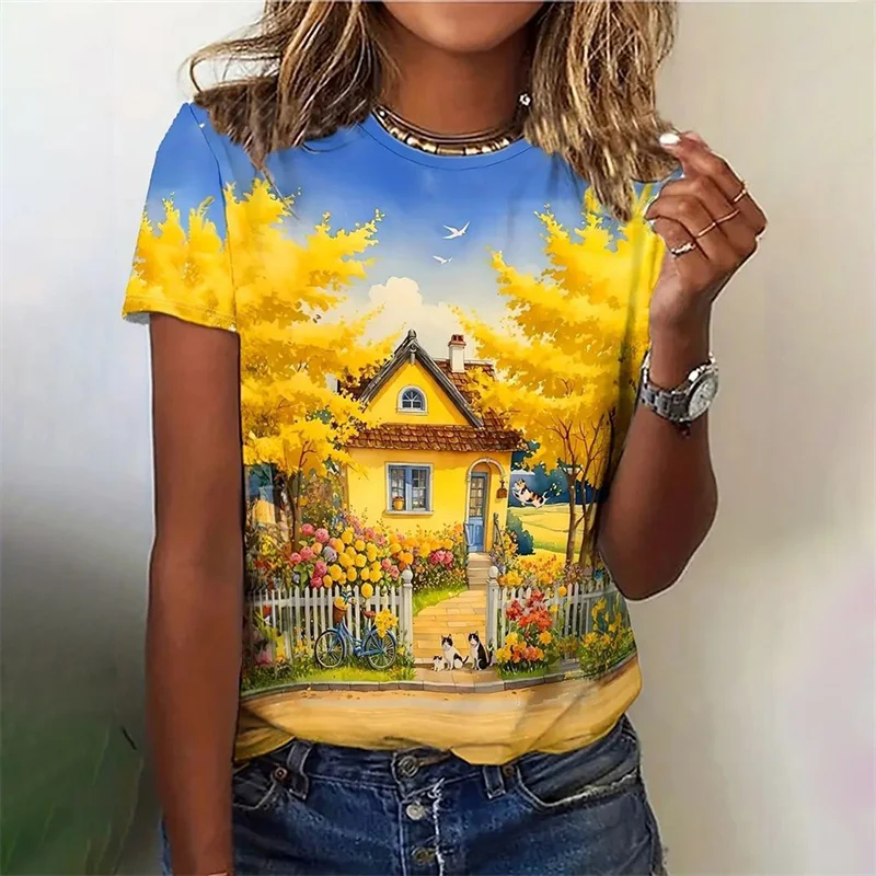 T-Shirt z nadrukiem 3D dla kobiet Cartoon Building Graphic Short Sleeves Casual Loose Oversized T Shirts Round Neck Tees