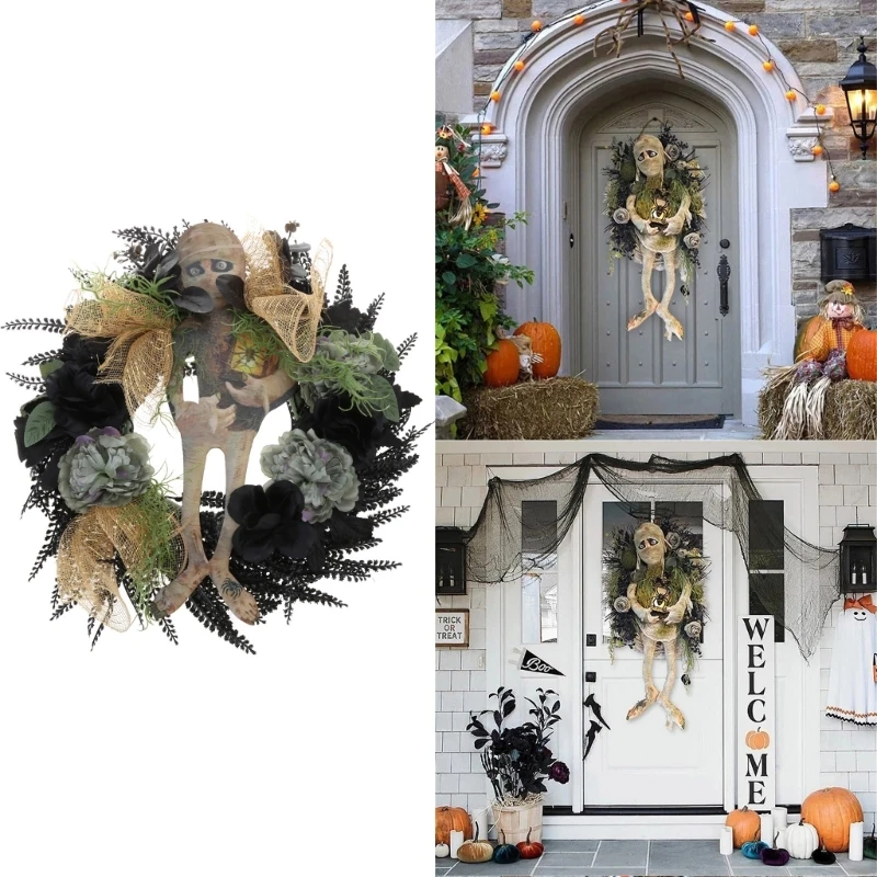 Halloween Scary Mummy Welcome Wreath Sign for Front Door Porch Decoration Round Door Hanging Plaque for Fall Halloween