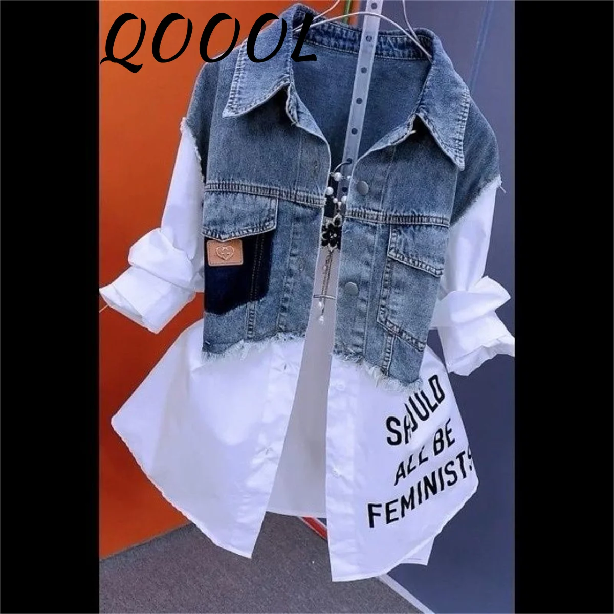 Fake Two Denim Shirts Women\'s Spring/Summer Korean Version Of Casual Western Style Joker Stitching Letter Striped Top Jackets