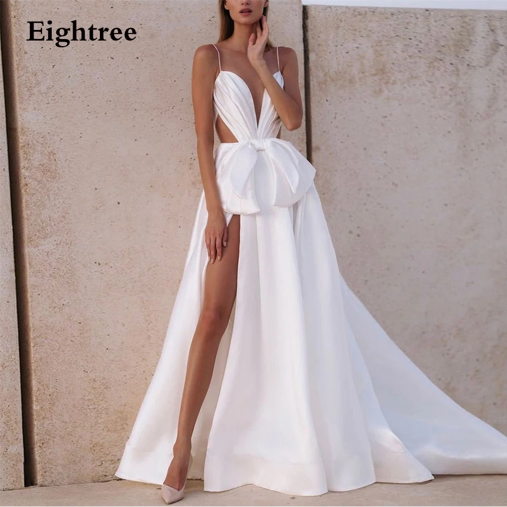 

Eightree Sexy Satin A Line Wedding Dresses Cut Out Spaghetti Straps Bride Dress Sleeveless High Side Split Beach Bridal Gowns