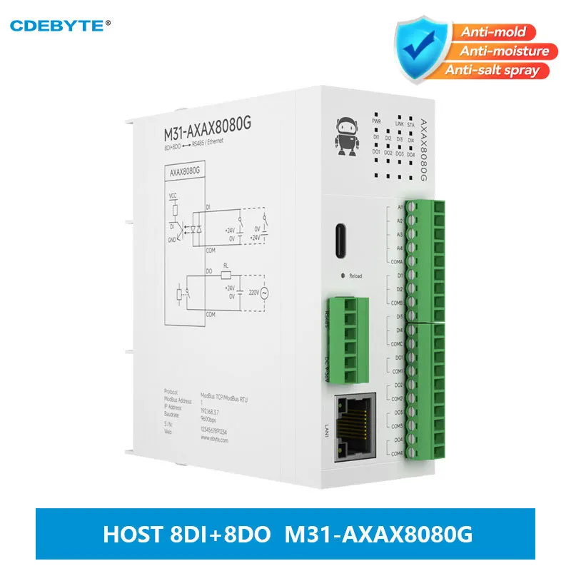 

8DI+8DO Distributed Remote IO Module CDEBYTE M31-AXAX8080G Host Module Analog Switch Acquisition Free Splicing Modbus TCP/RTU