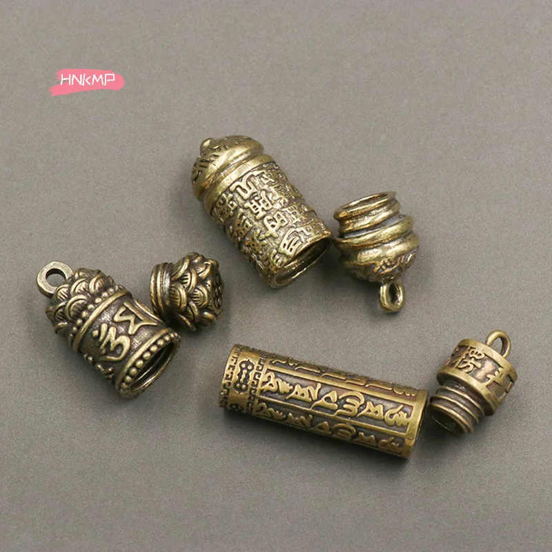 H-Hollow Brass Buddha Bottle Sutra Cylinder Pendant Keychain Lucky Necklace Jewelry Handmade Vintage Pill Box Container Bottle