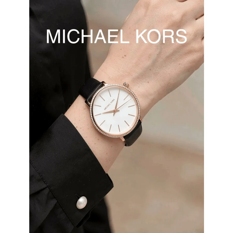 Michael Kors Women Watch, Rose Gold Case, Black Leather Strap, White Dial Crystal Bezel Quartz Wristwatch, Elegant Gift Watch
