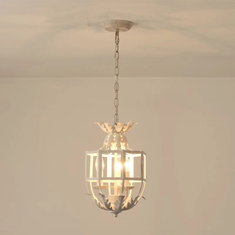 Vintage White Metal Cage Pendant Lights Rustic Farmhouse Chandelier Kitchen Island Hallway Bedroom Living Room Creativity Lamps
