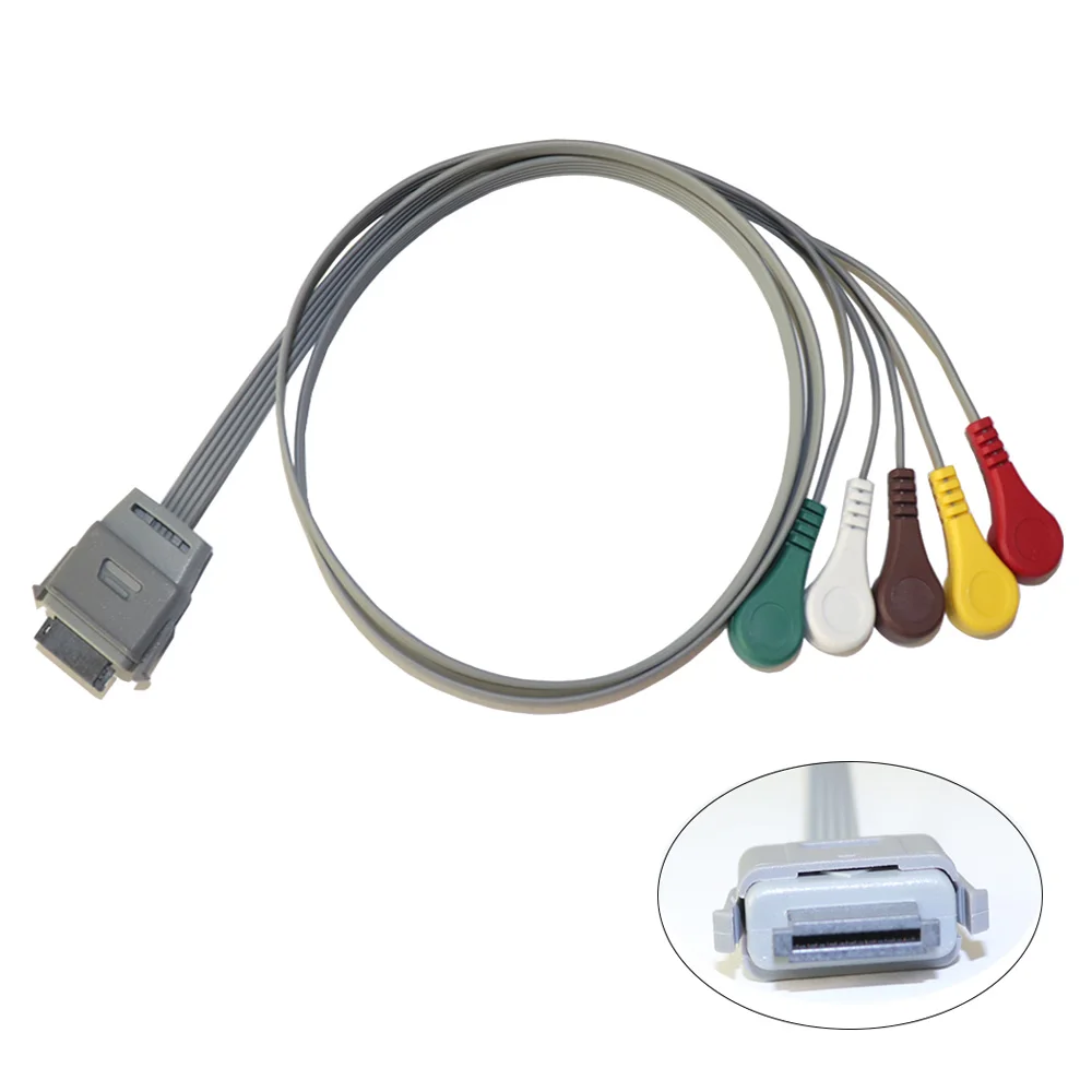 5 Lead Holter ECG Cable AHA Standard Snap Electrode Lead Wire Compatible with Edan Dynamic EKG Recorder
