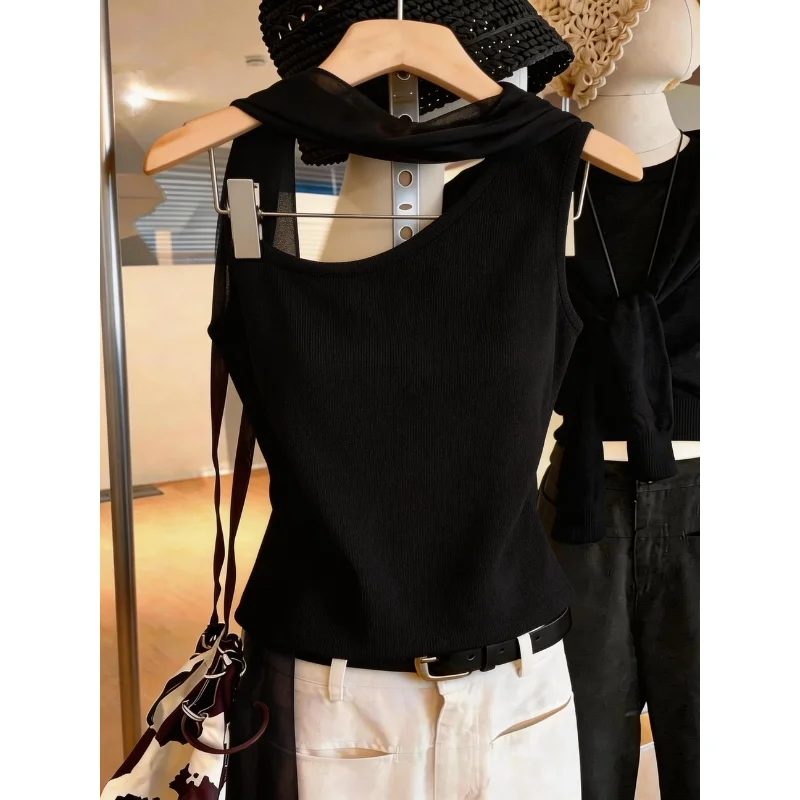 High-End Women's Knitted Vest Purple Gradient Shoulder Bared Draped Sash Sleeveless Top Korean Style Commute Fashion