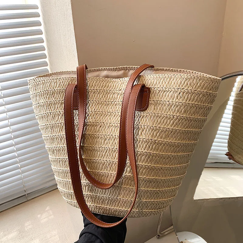 Bolso de mano trenzado con asa superior para mujer, bolsa de hombro portátil de paja grande, para fiesta en la playa, de verano