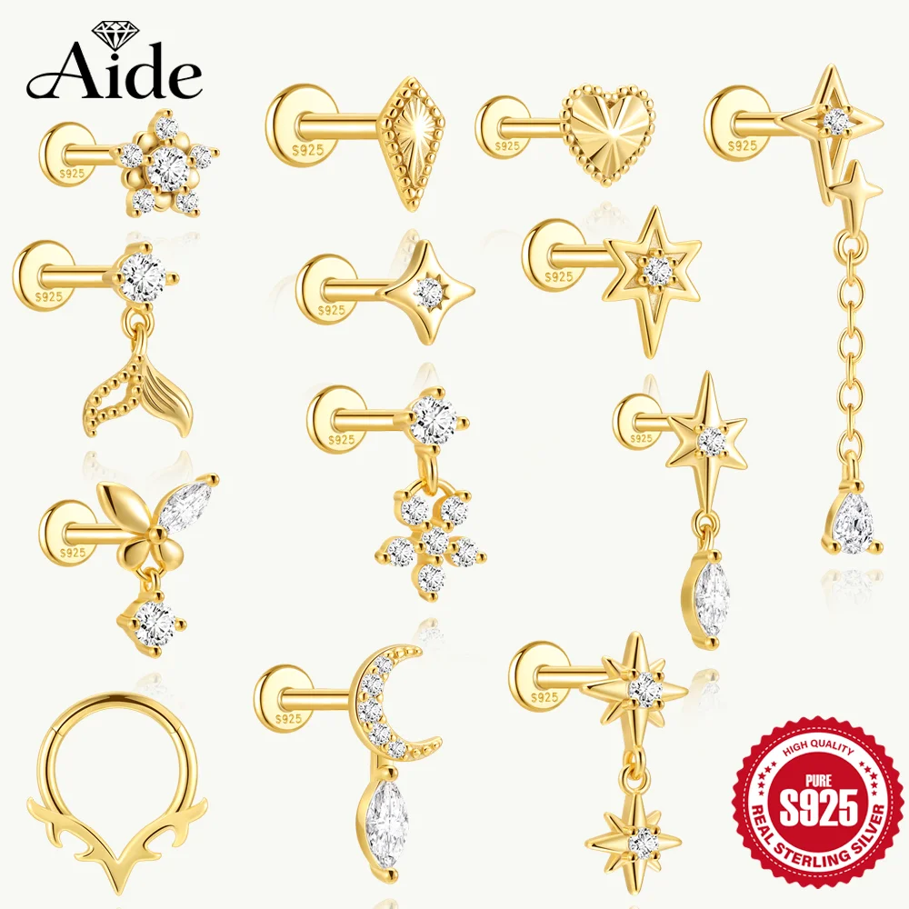 

AIDE 925 Sterling Silver Heart/Star/Flower Internal Thread Piercing for Women Flat Back Earrings Fish Tail Pendant Fine Jewelry