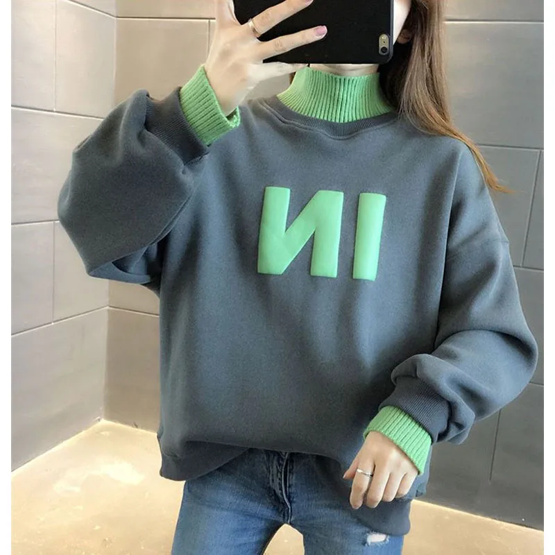 New Winter Fashion Process Plush Thickened Half High Neck Loose Versatile Splice Fake Two Piece Casual Lazy Women\'s Sweater