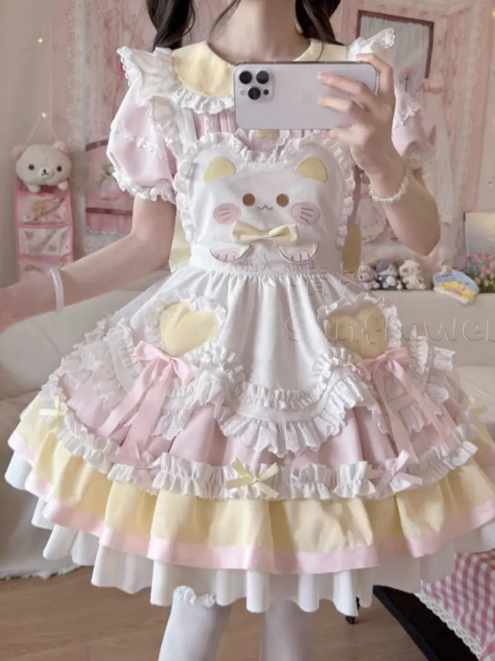 Vestido Lolita Dulce Japonés 2025 Kawaii para Mujer Primavera Estampado con Moño Falso Dos Piezas Estilo Coreano Diseño para Fiesta 6