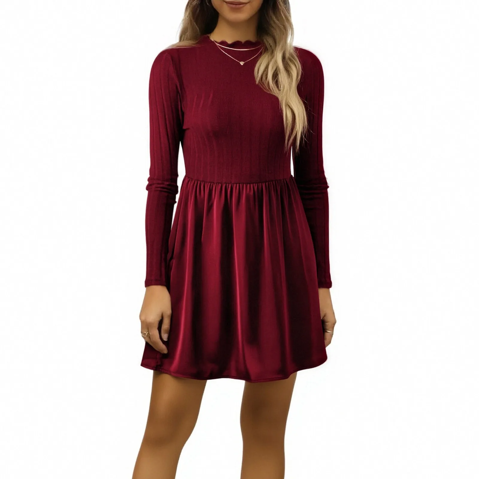 الربيع/الخريف سترة المرقعة فستان المرأة موضة تكدرت طوق فستان بأكمام طويلة الصلبة عادية تنوعا فساتين قصيرة #3