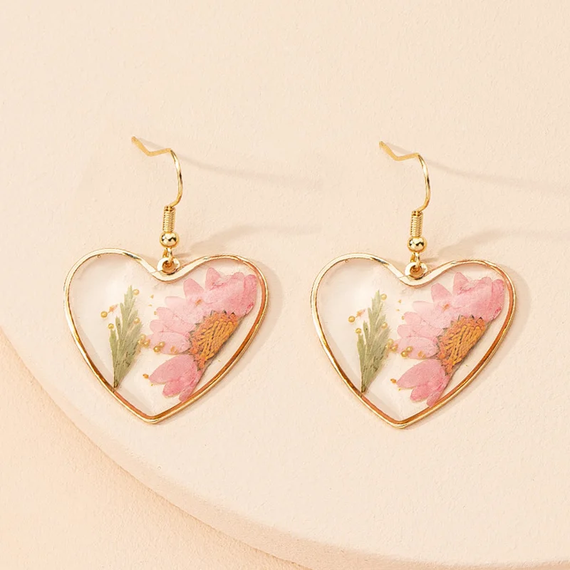 Trendy Heart Earrings for Women Blue Dried Flower Transparent Resin Drop Earring Girls Aesthetic Jewelry Female Anniversary Gift