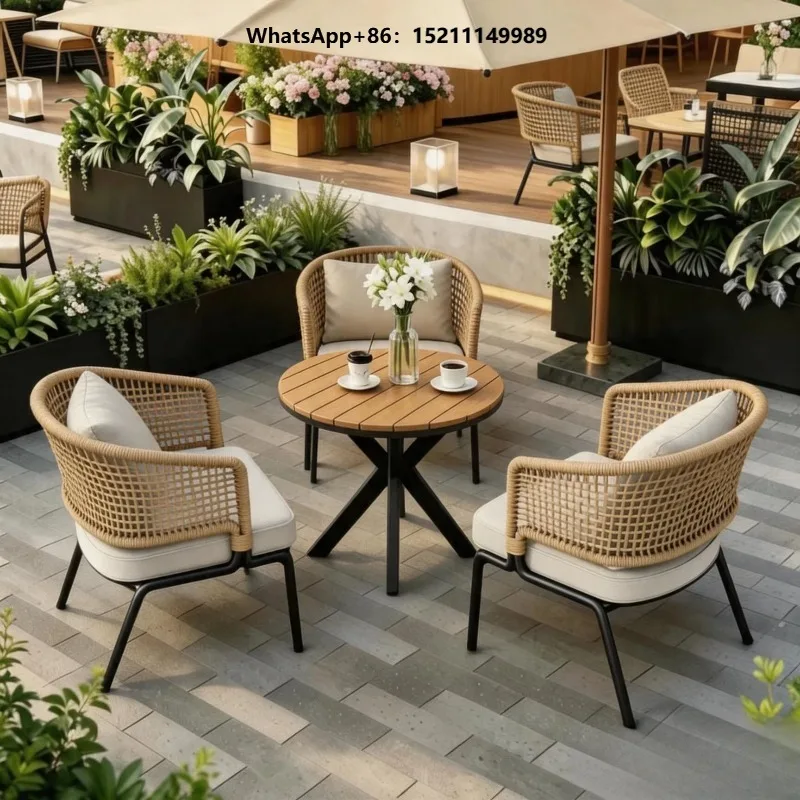Caf Outdoor Plastic Wood Frame Rattan Woven Comfortable Waterproof Table Chair Garden Set
