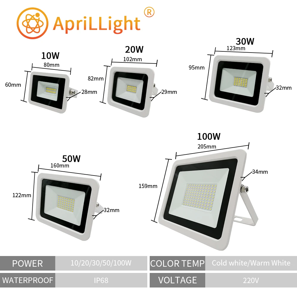 Reflector LED impermeable IP68 para exteriores, lámpara de pared para jardín, 100W, 50W, 30W, 20W, 10W, CA de 220V