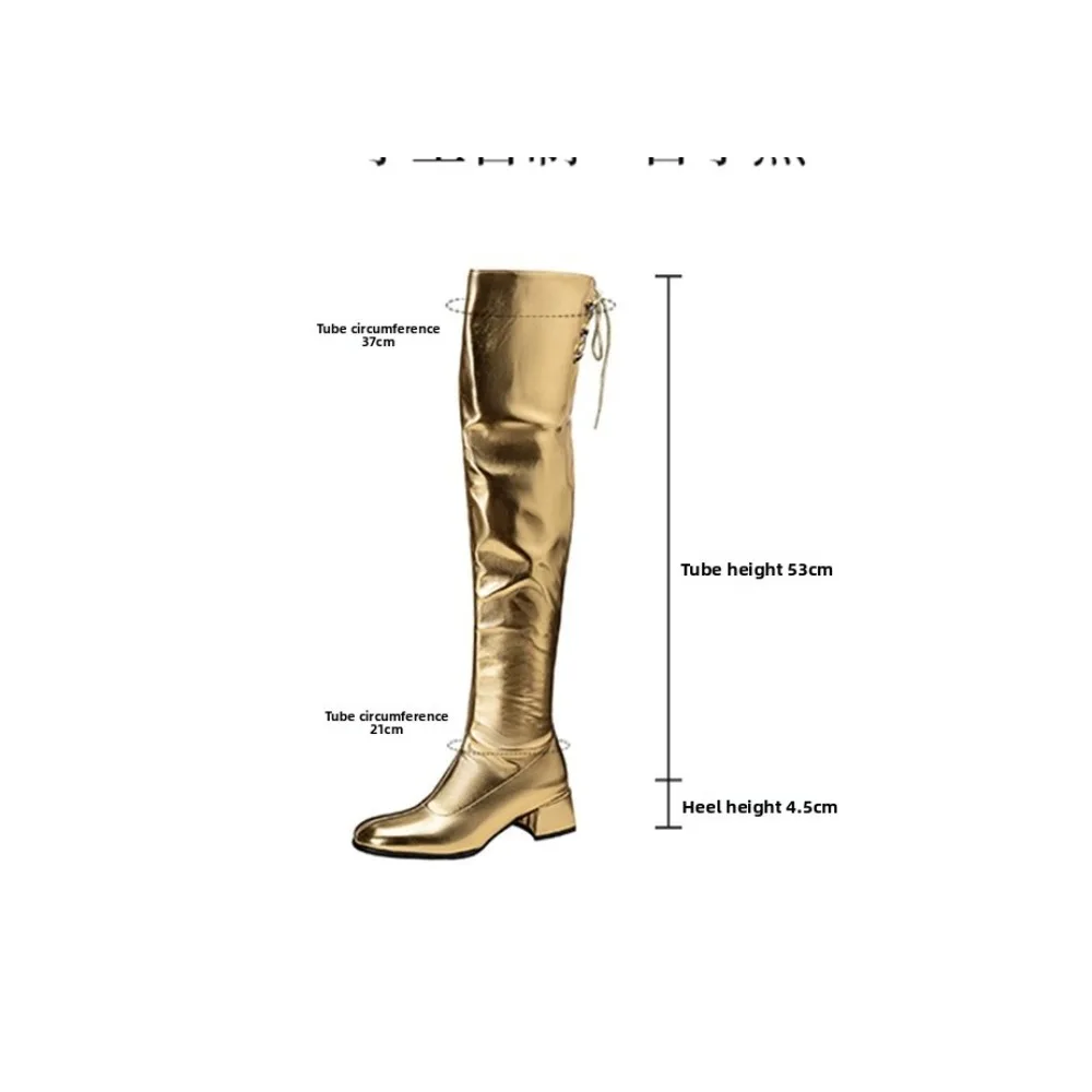 Women Metallic Over The Knee Boots Back Lace Up Side Zipper Low Block Heel Fleece Lined Thigh High Fashion Boots EU 32-46 168-34 - view 3